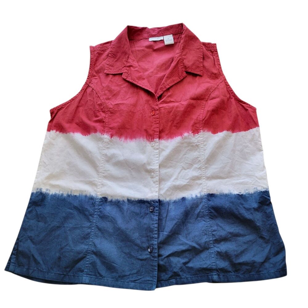 Tantrums Womens Top XL Sleeveless Red White Blue Blouse Button-up